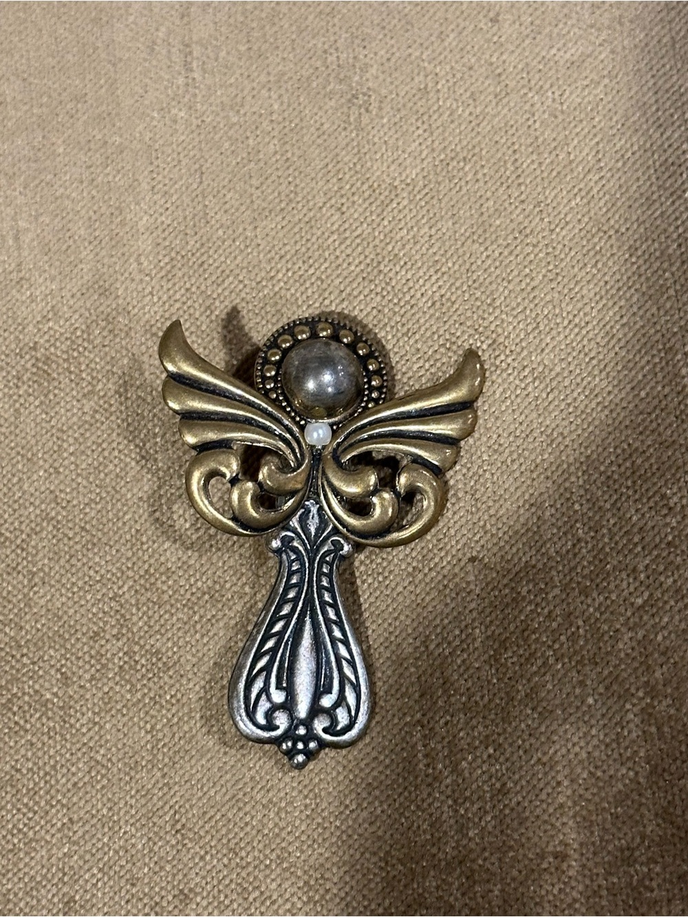 Antique-Inspired Gold and Silver Angel Wing Brooch